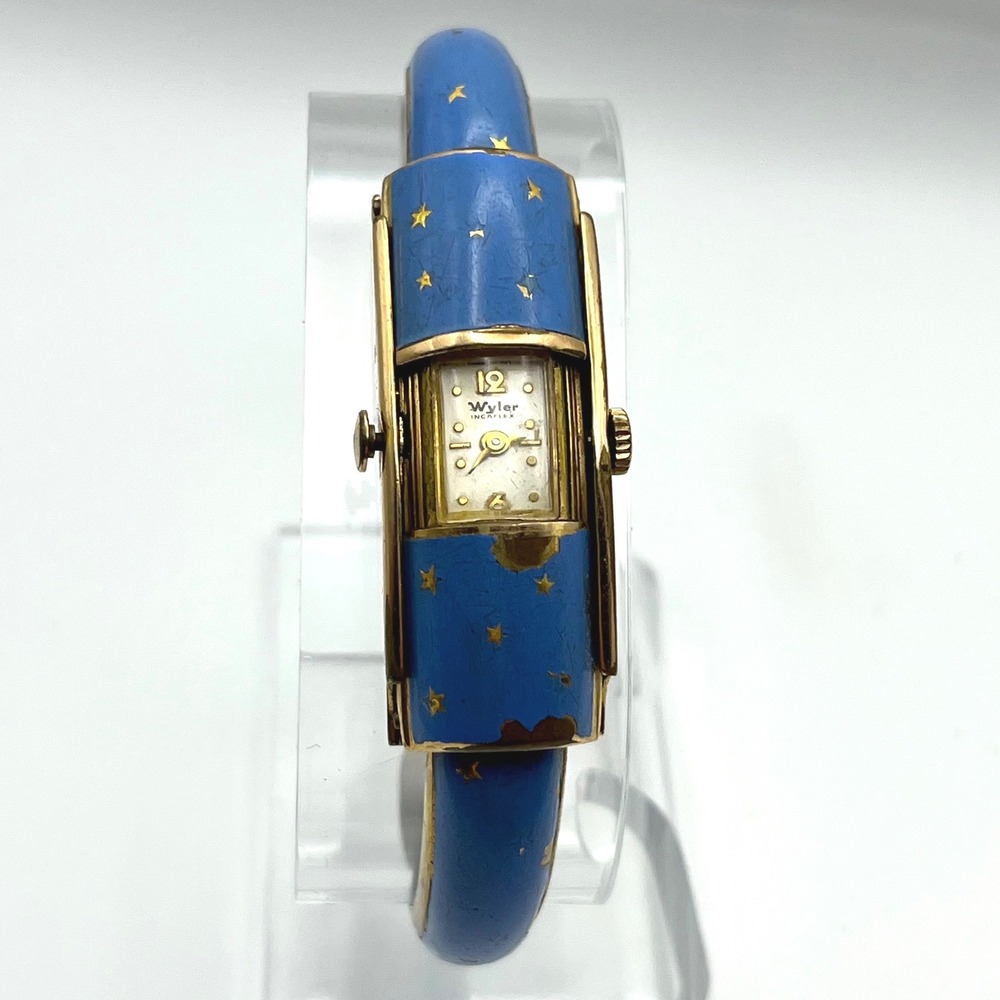 Wyler Incaflex Vintage Peekaboo Blue Enamel Star Bangle Watch Swiss Mechanical